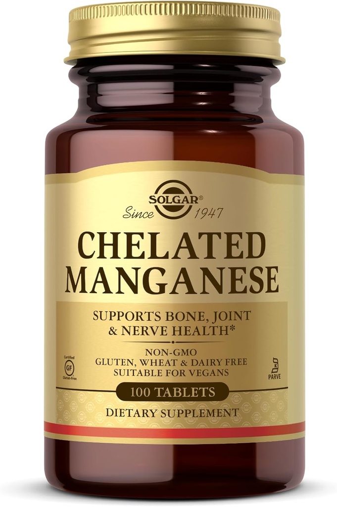 Solgar Chelated Mangan - 100 tabletter - Understøtter Bone, Joint & Nerve Sundhed - Non- GMO, Vegan, Gluten Free, Dairy Free, Kosher - 100 Servere
