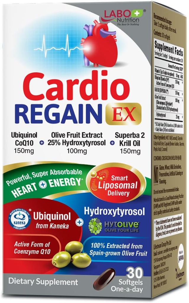 Labo Nutrition CardioREGAIN EX - Ubiquinol CoQ10 Supplement med Kaneka QH 150mg, Olive Fruit Extract (25% Hydroxytyrosol), Krill Oil - Heart, Cellular Energy, Liposomal Absorption, Non-GMO, Soy- Free