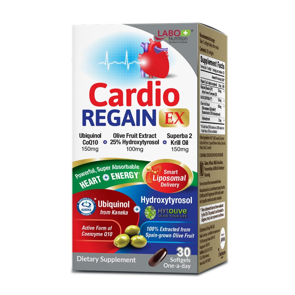 Labo Nutrition CardioREGAIN EX - Ubiquinol CoQ10 Supplement med Kaneka QH 150mg, Olive Fruit Extract (25% Hydroxytyrosol), Krill Oil - Heart, Cellular Energy, Liposomal Absorption, Non-GMO, Soy- Free
