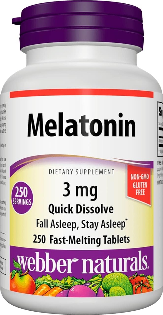 Webber Naturals Melatonin 3 mg, Easy Opløs, 250 tabletter, 100% Drug Free Sleep Aid til voksne, Gluten Free, Non- GMO, Egnet til vegetarer