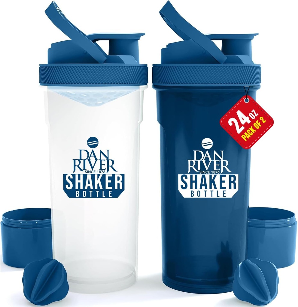 DAN RIVER 2- Pack Shaker Bottle 124; 24oz Plastic Protein Shaker & Mixer Shaker 124; Twist & Lock Design for Smoothies & Protein Mixes; 124; Holdbar, Leak- Proof, Let at rengøre 124; Clear & Blue Shaker Flasker til Gym