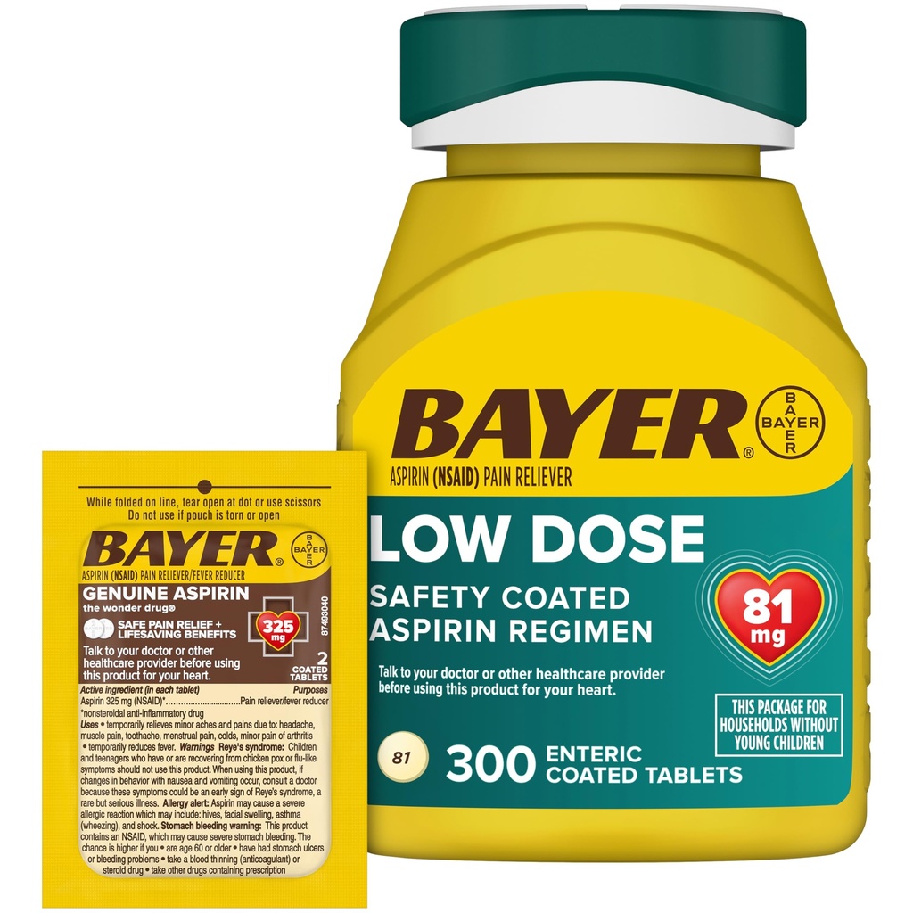 Bayer Aspirin 81mg Enteroovertrukne tabletter 300ct og 2 Count Travel Pack af ægte Aspirin 325mg overtrukne tabletter