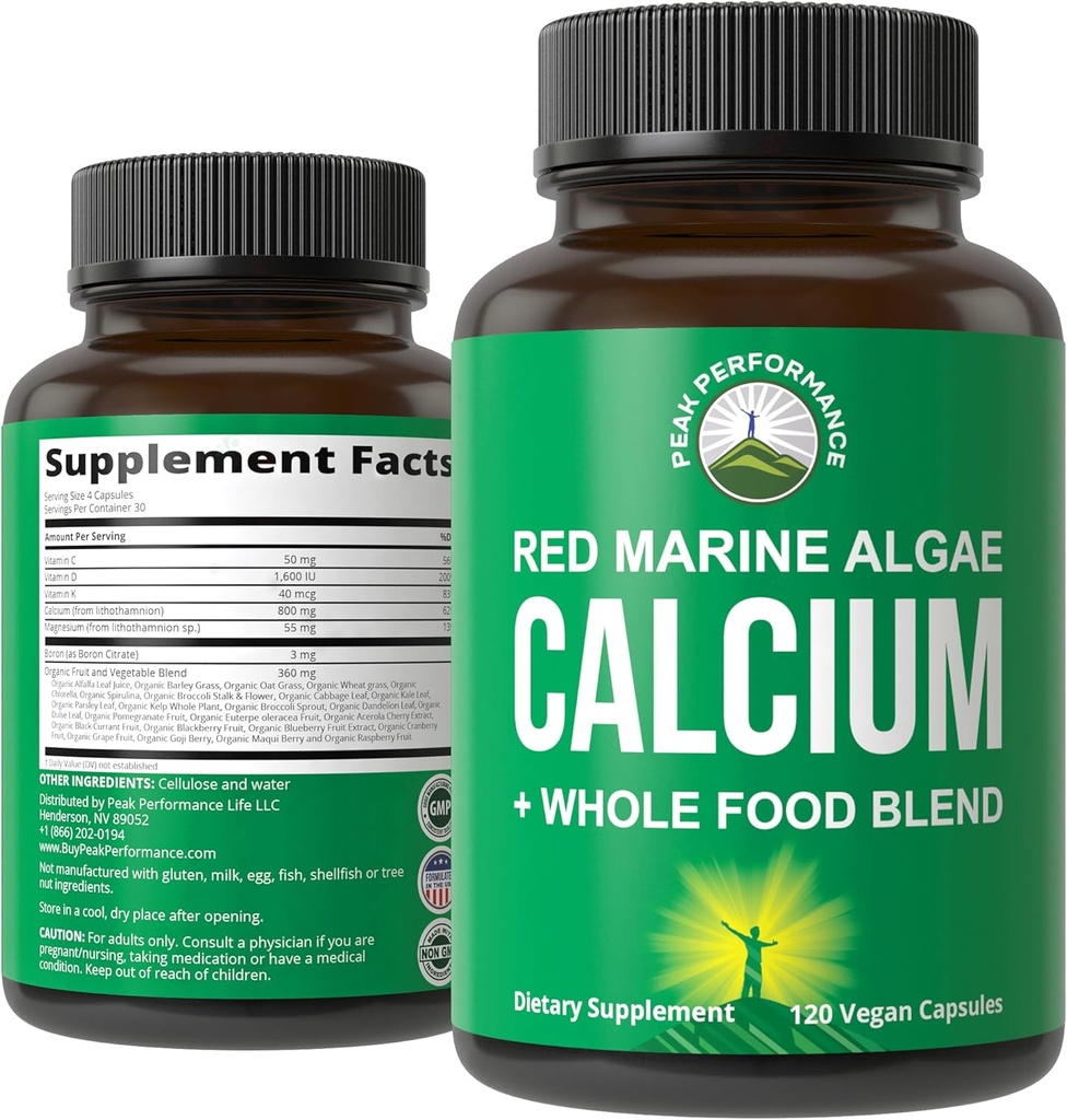 Plant baseret Calcium - Red Marine Algae Calcium supplement med vitamin C, D3, K, Magnesium, og hele fødevarer vegetabilsk Blend. Veganske kapsler til knogler og joints. 120 piller, tabletter