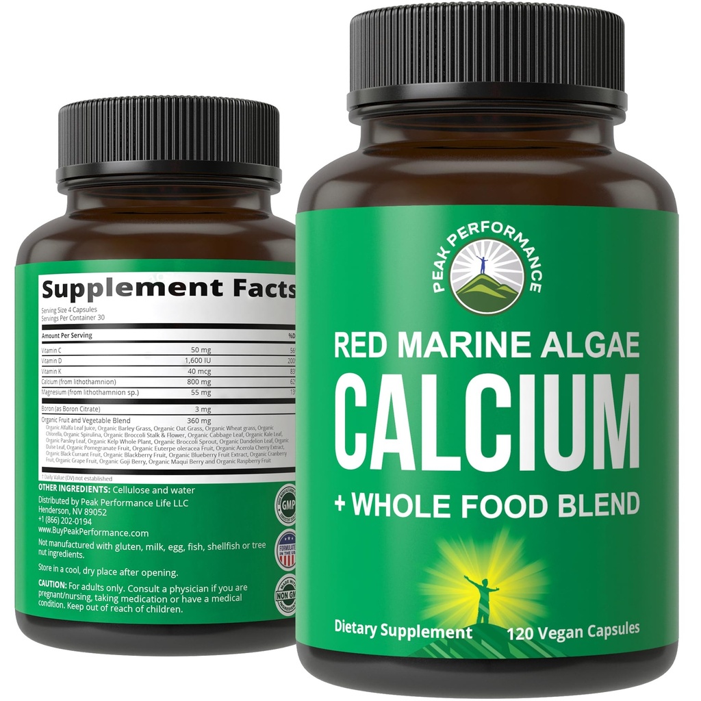 Plant baseret Calcium - Red Marine Algae Calcium supplement med vitamin C, D3, K, Magnesium, og hele fødevarer vegetabilsk Blend. Veganske kapsler til knogler og joints. 120 piller, tabletter