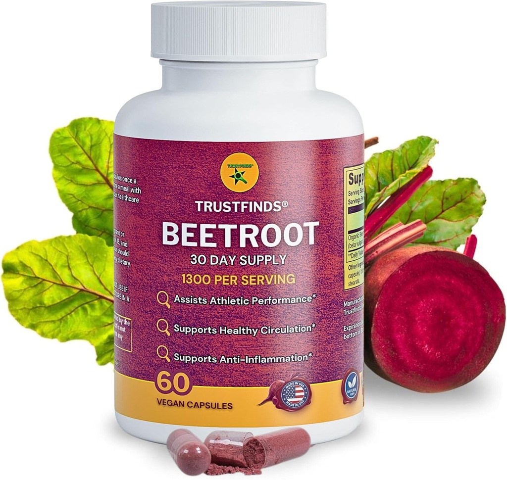 Organic Beetroot Powder 1300mg per servering - 60 Kapsler er 124; 100% Natural Beet Root, Ingen Gluten, Ingen Sukker, Vegan Kapsler med Ingen Rice Powder, Ingen Gelatine.