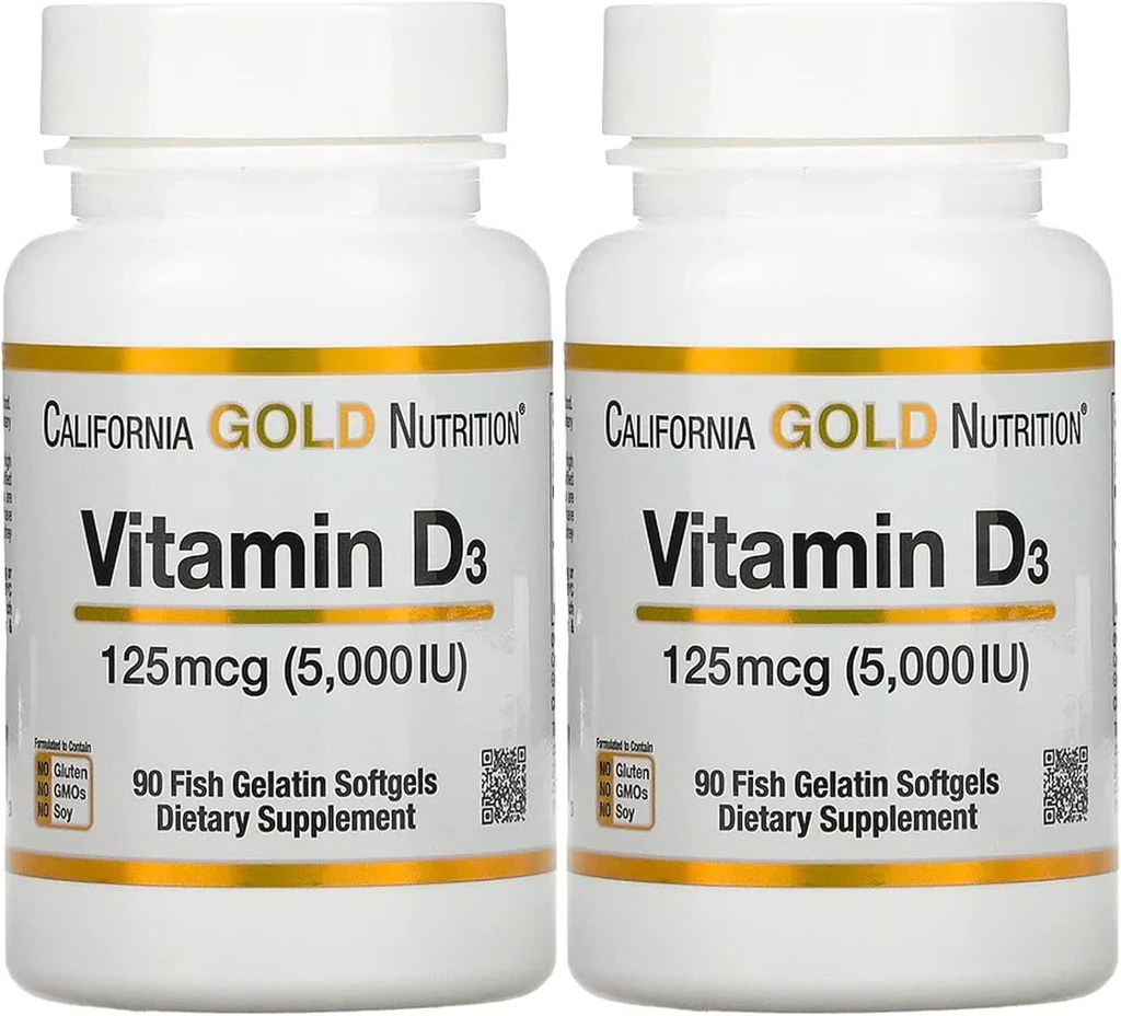 D3- vitamintilskud af California Gold Nutrition - Støtte til sunde knogler og tænder - immunsystem support - Gluten Free, Non- GMO - 125 mcg (5.000 IE) - 2 pakke med 90 fisk gelatine bløddele hver