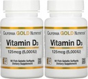 D3- vitamintilskud af California Gold Nutrition - Støtte til sunde knogler og tænder - immunsystem support - Gluten Free, Non- GMO - 125 mcg (5.000 IE) - 2 pakke med 90 fisk gelatine bløddele hver