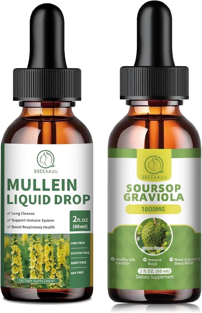 Mullein Drops til Lungs, Mullein Leaf Extract 1000MG for Lung Cleanse & Soursop Graviola Liquid Drops 1800mg, Soursop Leaves Extract til Cell Regeneration