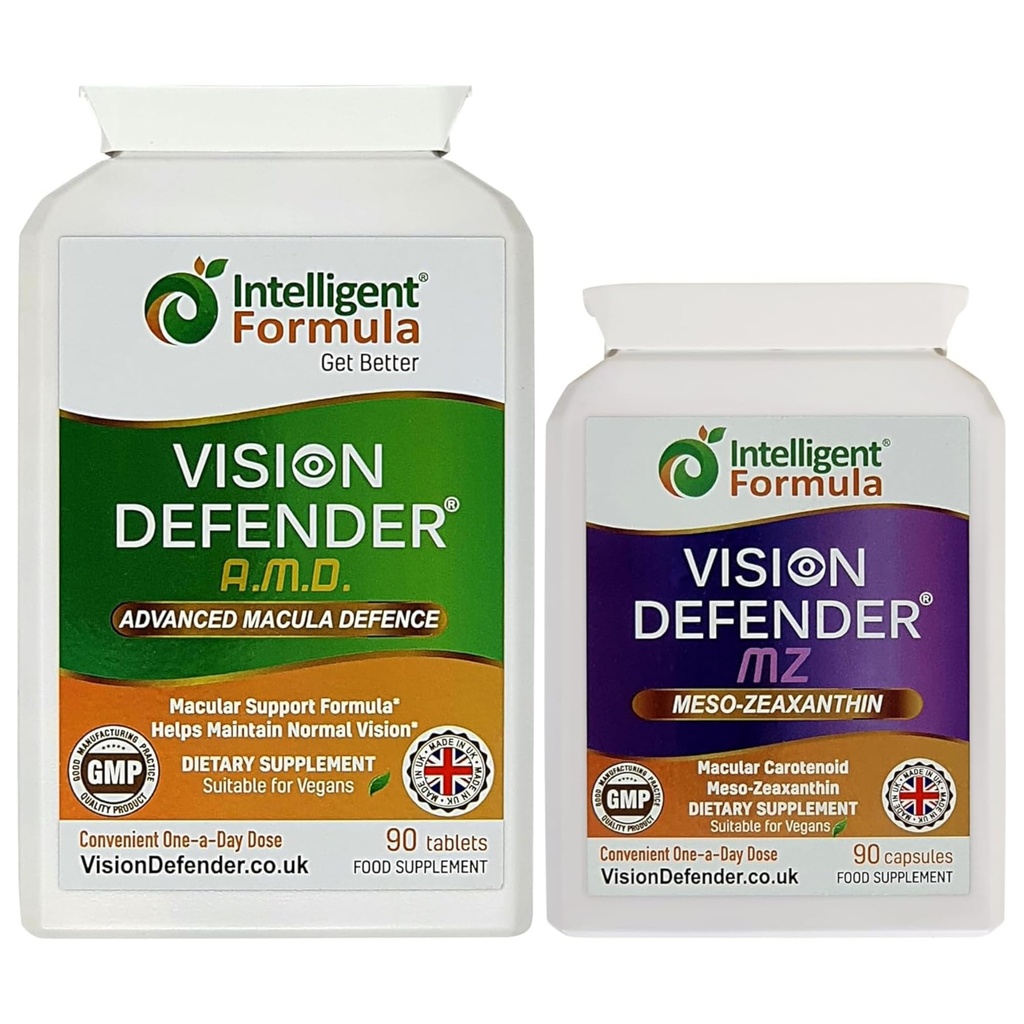Vision Defender AMD og Vision Defender MZ Macula Health Bundle - AREDS2 Formel boostet af Optimum høj styrke Meso- Zeaxanthin Vegan Health Supplement (90 dages forsyning)