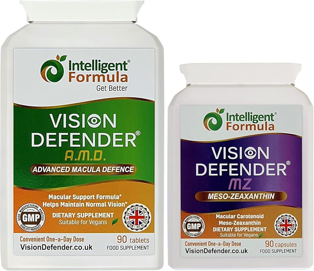 Vision Defender AMD og Vision Defender MZ Macula Health Bundle - AREDS2 Formel boostet af Optimum høj styrke Meso- Zeaxanthin Vegan Health Supplement (90 dages forsyning)