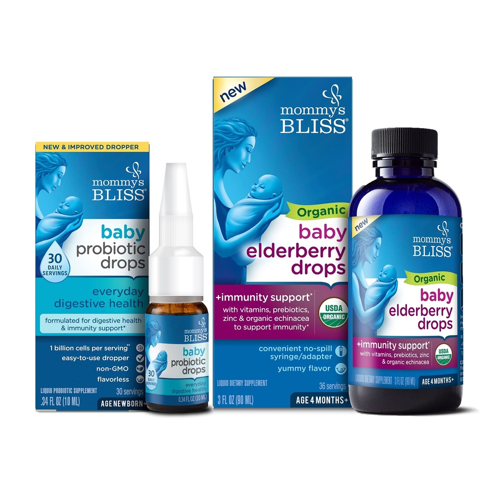 Mors Bliss Baby Probiotiske Drops Everyday 30 Serveringer (Pack of 1) med Organic Baby Elderberry Drops 36 Serveringer (Pack of 1), Support Baby 's Immunity