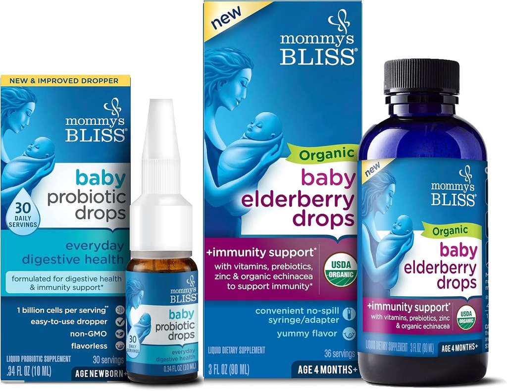 Mors Bliss Baby Probiotiske Drops Everyday 30 Serveringer (Pack of 1) med Organic Baby Elderberry Drops 36 Serveringer (Pack of 1), Support Baby 's Immunity