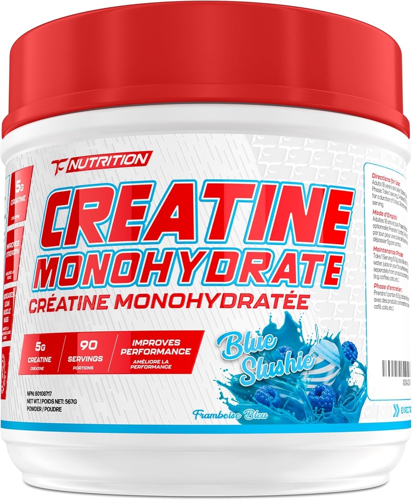 TC Nutrition Creatinine monohydrat Powder 5g - Pure Creatinine Powder for øget styrke, muskelvækst, forbedret udholdenhed og ydeevne (90 Servere - Blue Slushie, 90 Servere - Blue Slushie)