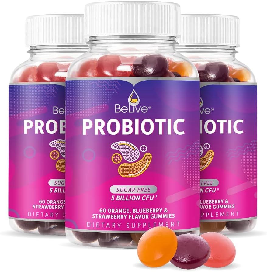 BeLive Probiotiske Gummies - Probiotika med 5 Millioner CFU 'er til fordøjelsessygdomme, Mænd, Kvinder & Børn Probiotiske Kosttilskud til immunforsvar, Sukker Gratis & Vegan - Blåbær, Jordbær & Orange