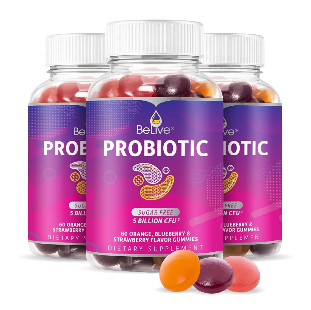 BeLive Probiotiske Gummies - Probiotika med 5 Millioner CFU 'er til fordøjelsessygdomme, Mænd, Kvinder & Børn Probiotiske Kosttilskud til immunforsvar, Sukker Gratis & Vegan - Blåbær, Jordbær & Orange