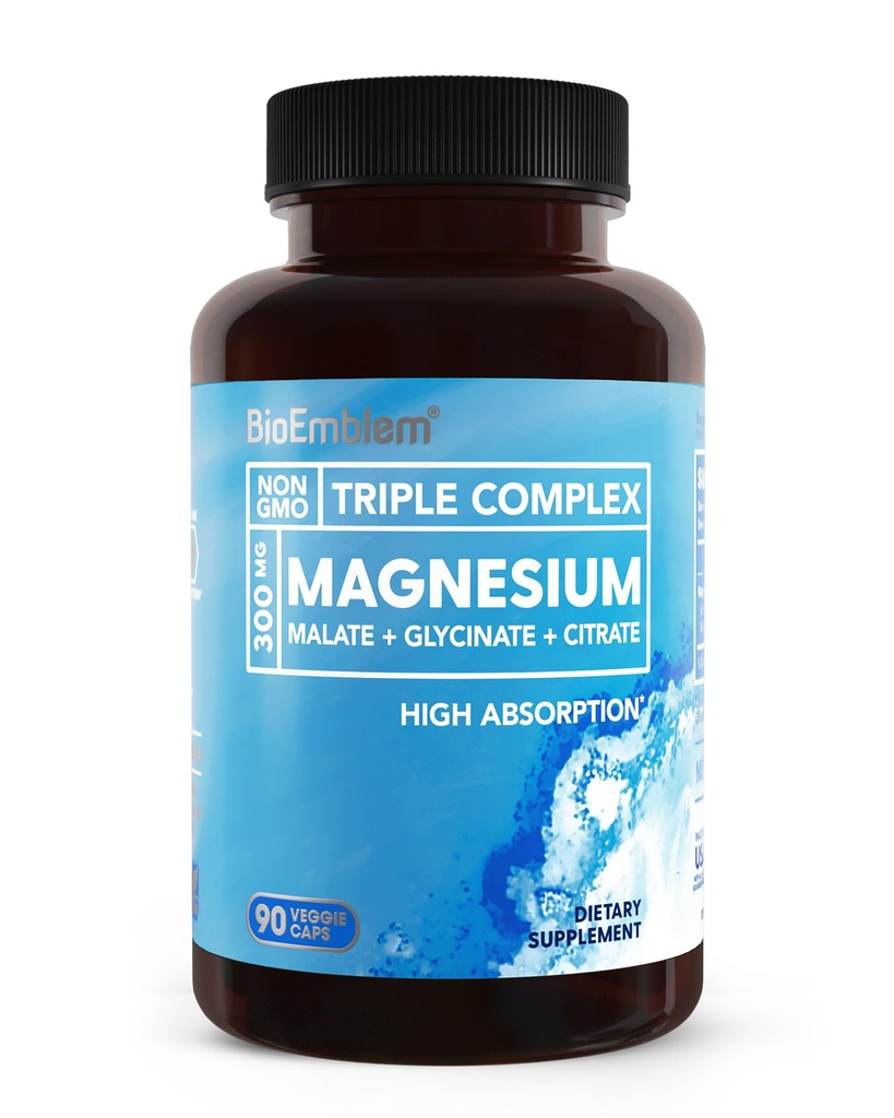 Bioemblem Triple Magnesium Complex 124; 300mg Magnesium Glycinat, Malat & Citrate; High Absorption Chelated Formel 124; Vegan, Non- GMO, Gluten- Free