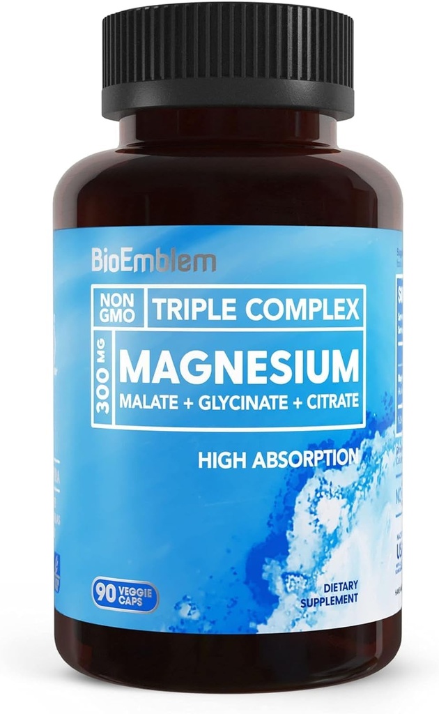 Bioemblem Triple Magnesium Complex 124; 300mg Magnesium Glycinat, Malat & Citrate; High Absorption Chelated Formel 124; Vegan, Non- GMO, Gluten- Free