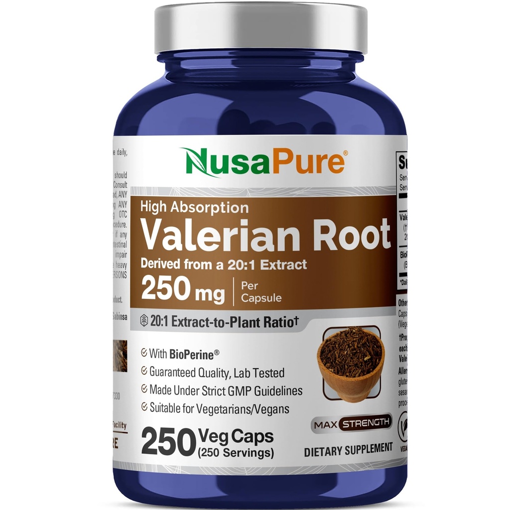 NusaPure Valerian Root 20: 1 Extract, 250 mg Tilsvarende 5000mg Per Veggie Caps, 250 Count, Vegan, Non- GMO, Bioperine