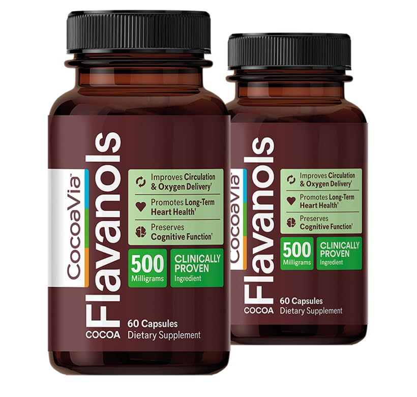 CocoaVia Cardio Health Supplement, 60 Dag, 500mg Cocoa Flavanols, Support Heart Health, Boost Nitroxid, Blood Circulation, Energy, Vegan, Dark Chocolate, 120 Kapsler