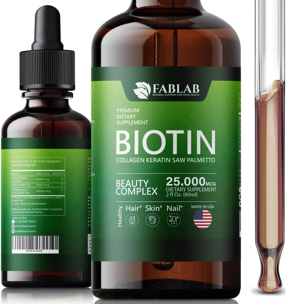 FabLab Biotin with Collagen, Keratin and Saw Palmett 25000msg Extract - Healthy Hair Skin & Nails for Adults, No Filler, No Stearate-Anti Aging Collagen Vitamins for Men & Women- 2 Fl Oz