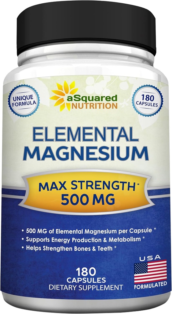 aSquared Nutrition Proprietary Magnesium 500mg - High Absorption Magnesium Citrate & Oxide - 180 Veggie Capsules, 180 Day Supply - USA Formuleret & Third- Party Testet