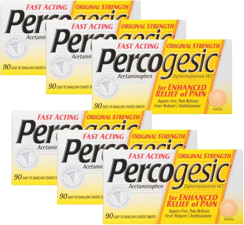 Percogesic Aspirin Free Pain Relief Tablets, Original Strength, Acetaminophen and Diphenhydramin, 90 ct (pakning med 6)