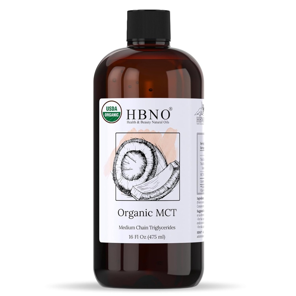 HBNO Organic MCT Oil 16 oz (475ml) Værdi - Ideel til salatdressinger, Lip balsam, Face wash, Lotions, Skincare, og hårplejeprodukter.