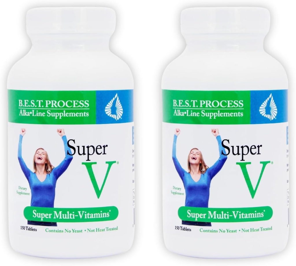 SuperV (2 Pack) Bedste proces AlkaIine - Energigivende & afgiftende Multivitamin - Vitamin & Mineraler med fordøjelige enzymer, Superfoods og urter