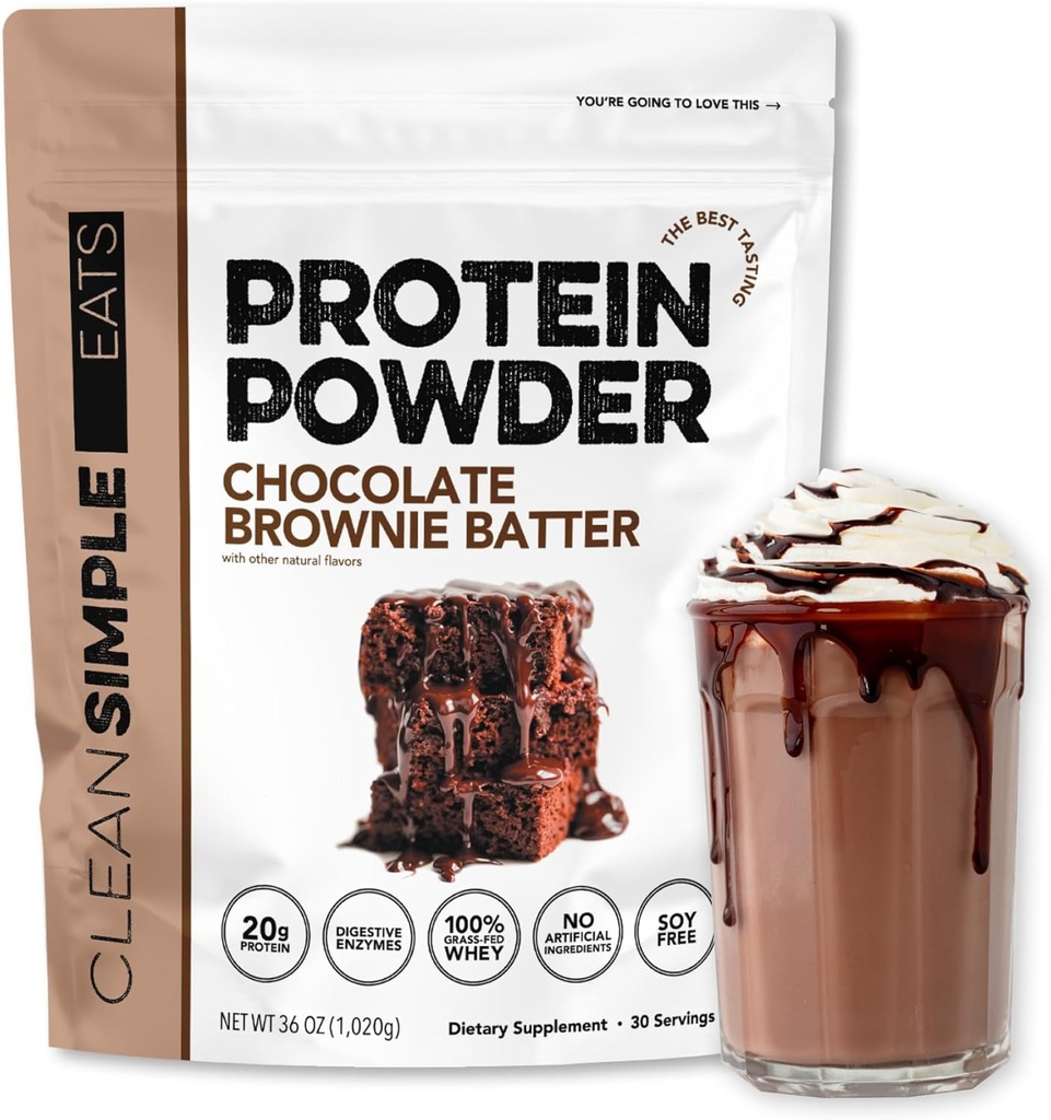 Rene Simple Eats Whey Protein Powder, Chokolade Brownie Batter Flavor naturligt sødet, 100% Græs Fed Protein Powder med fordøjelige enzymer & ingen kunstige ingredienser, Gluten Free, 30 Servere