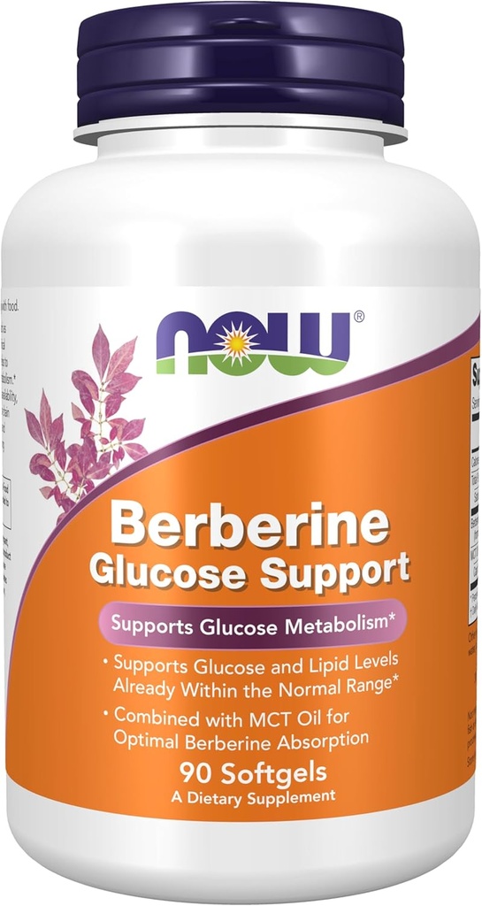 Now Foods Supplements, Berberine Glucose Support, Kombineret med MCT Oil for Optimal Berberine Absorption, 90 Softgels