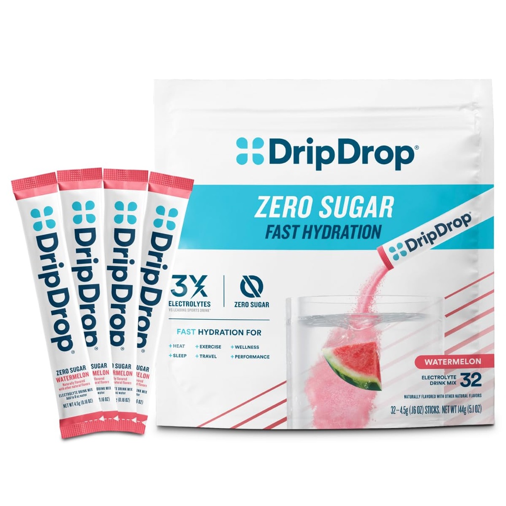 DripDrop Sugar Free Hydration Pakninger - Zero Watermelon - Single Serve Electrolytes Powder Mix - Non-GMO, Gluten Free, Vegan - 32 sticks