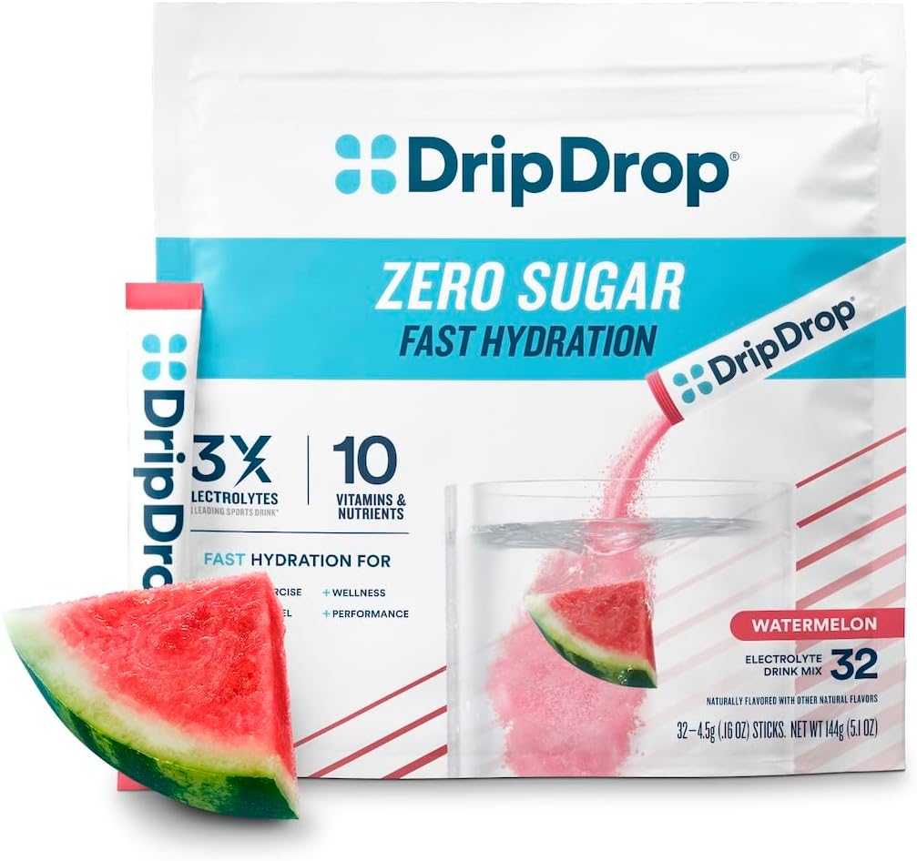 DripDrop Sugar Free Hydration Pakninger - Zero Watermelon - Single Serve Electrolytes Powder Mix - Non-GMO, Gluten Free, Vegan - 32 sticks
