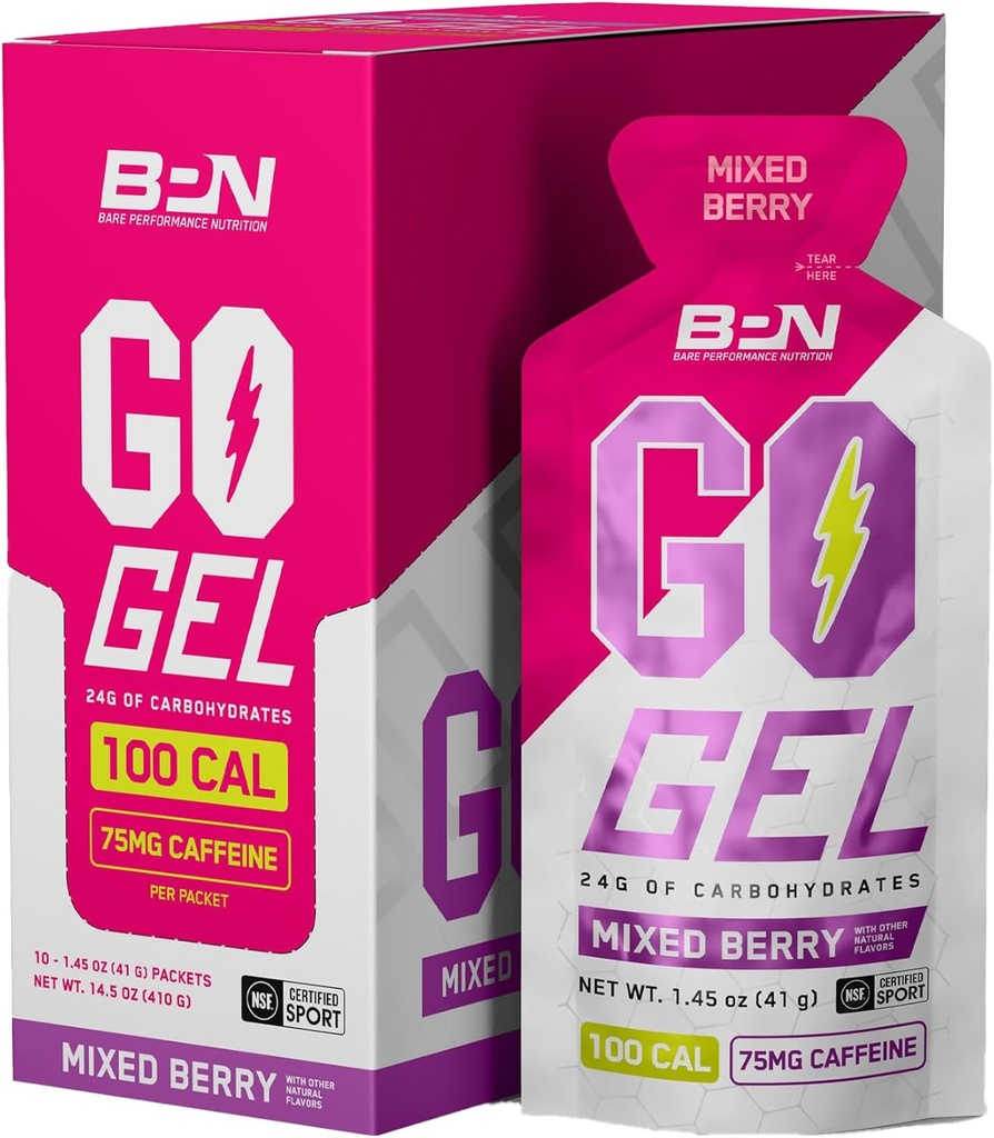 BARE YDEEVNE NETRITION, BPN Go Gel Endurance, 24g Kulhydrater & 100 kalorier per pakke, Vegan + Gluten Free Running Gel, 10 Single-Serving Packs, Kaffeblandet blandet berry