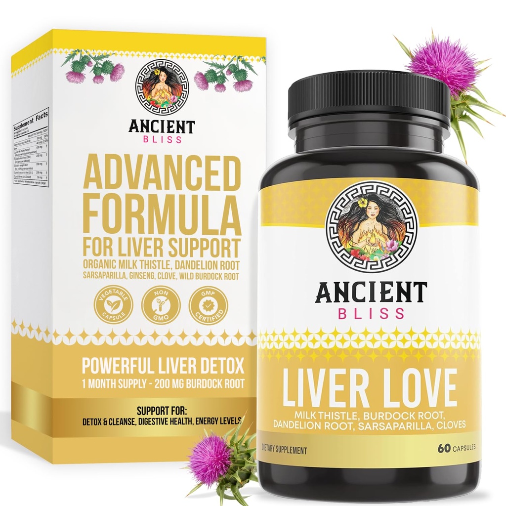Ancient Bliss Leverkærlighed - Natural Milk Thistle Lever Detox og lever sundhed rense supplement - støtte sund lever hos mænd og kvinder - 60 kapsler - med Burdock, Mælkebøtte, Cloves, og mere