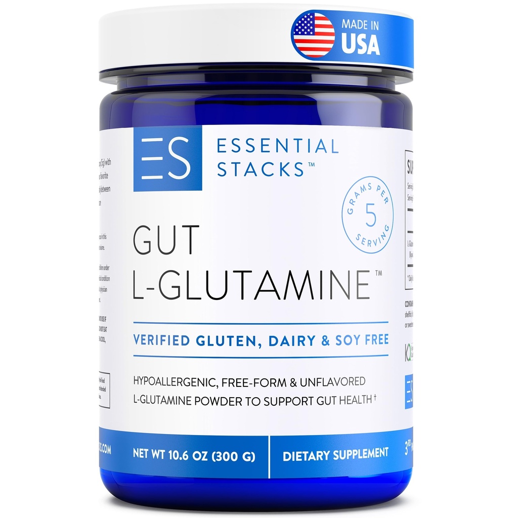 Essential Stacks Gut L- Glutamin Powder - Eksklusivt Lavet i USA - Pure L Glutamin Powder til Gut Health (60 Servere, Unflavored)