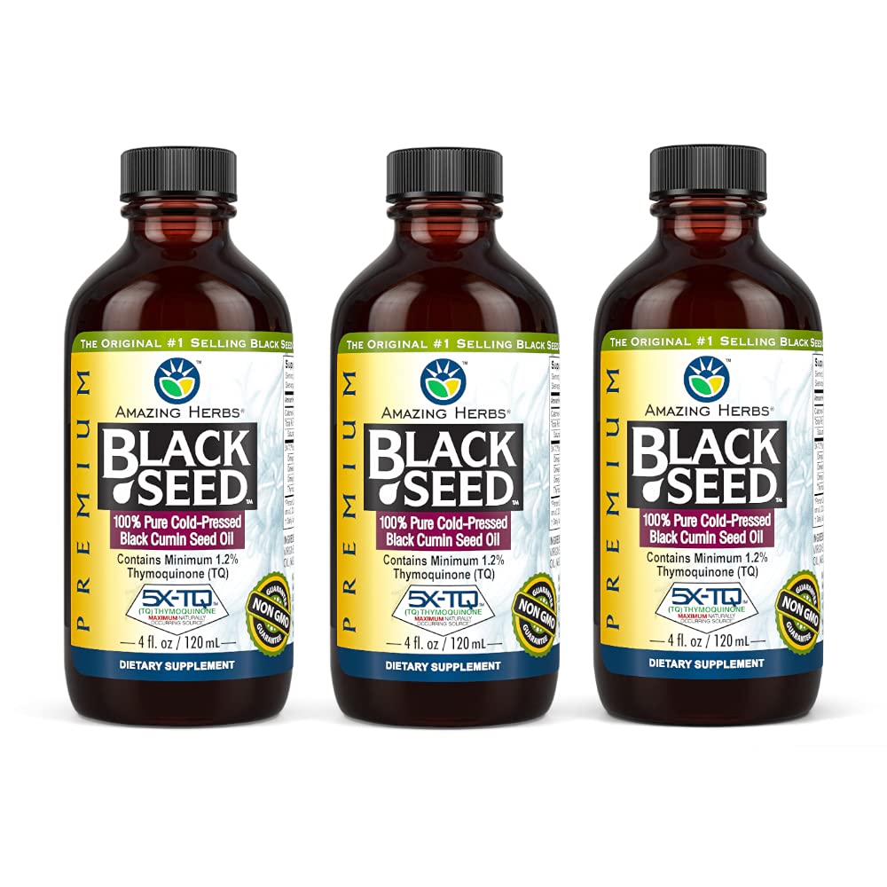 Amazing Herbs Premium Black Seed Oil - Gluten Free, Ikke GMO, Cold Pressed Nigella Sativa Aids in fordøjelsessygdomme, immunstøtte, Brain Function - 4 Fl Oz (Pack of 3)