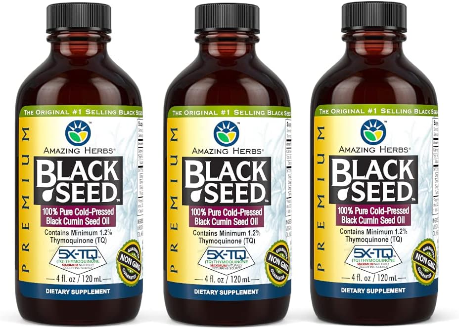 Amazing Herbs Premium Black Seed Oil - Gluten Free, Ikke GMO, Cold Pressed Nigella Sativa Aids in fordøjelsessygdomme, immunstøtte, Brain Function - 4 Fl Oz (Pack of 3)