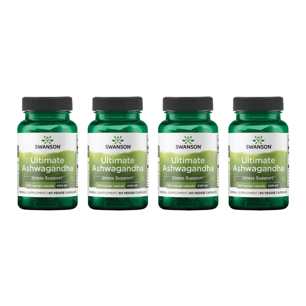 Swanson Ultimate Ashwagandha KSM- 66 - Urtetilskud støtte sunde stress niveauer & afslapning - Naturlig formel til at fremme en rolig & afslappede Mindset - (60 Veggie kapsler, 250 mg hver) (4 Pack)