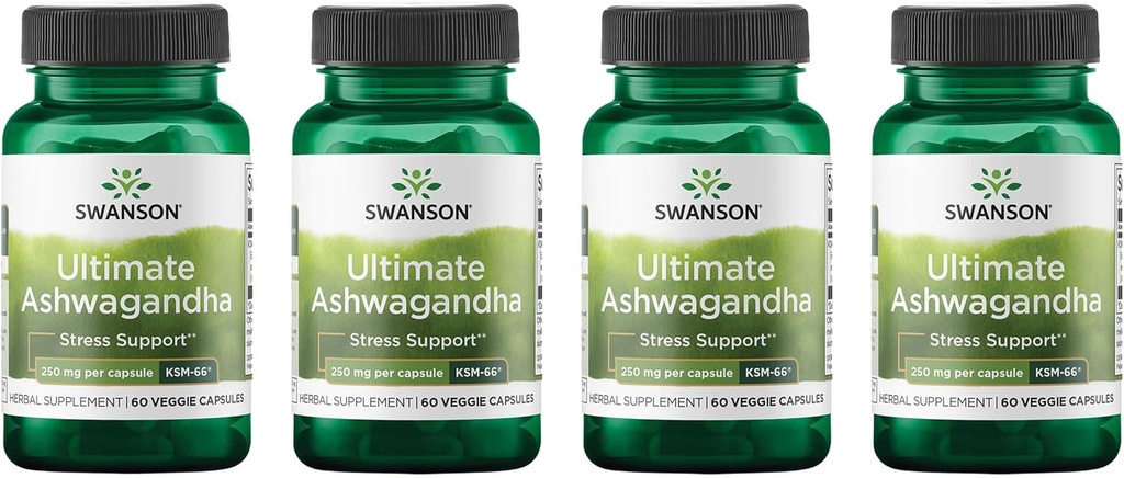 Swanson Ultimate Ashwagandha KSM- 66 - Urtetilskud støtte sunde stress niveauer & afslapning - Naturlig formel til at fremme en rolig & afslappede Mindset - (60 Veggie kapsler, 250 mg hver) (4 Pack)