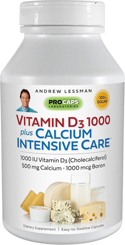 ANDREW LSSMAN Vitamin D3 1000 Plus Calcium Intensive Care 60 Kapsler - Essentiel for Calcium Absorption, Understøtter Knoglesundhed, Sund Muskelfunktion. Forsigtig, Easy- to- Absorb. Ingen tilsætningsstoffer