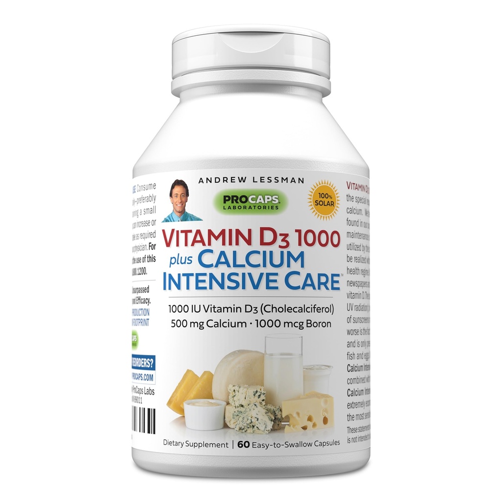 ANDREW LSSMAN Vitamin D3 1000 Plus Calcium Intensive Care 60 Kapsler - Essentiel for Calcium Absorption, Understøtter Knoglesundhed, Sund Muskelfunktion. Forsigtig, Easy- to- Absorb. Ingen tilsætningsstoffer