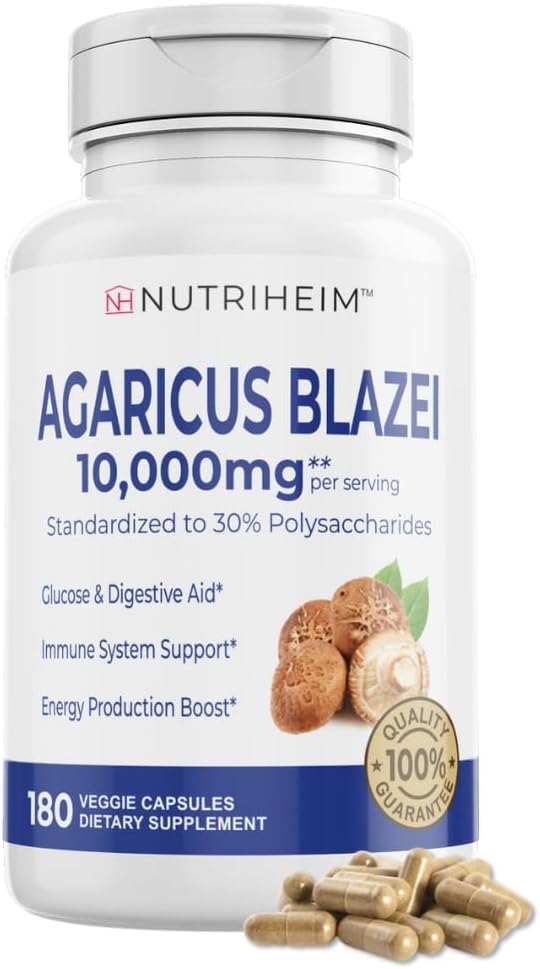 Agaricus Blazei Organic Mushroom Extract for Immunation & Energy Support - 30% Polysaccharides & 180 Veggie Capsules - Non- GMO, Gluten- Free, Vegan- Friendly Supplement