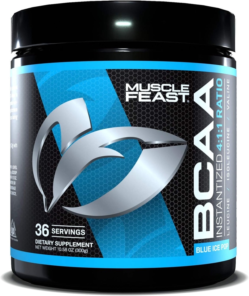 Muskel Feast Vegan BCAA Powder 4: 1: 1 Ratio Keto Friendly Sugar Free Post Workout Recovery, Blue Ice Pop, 300g