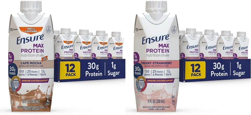 Sikre Max Protein Flydende Nutritional Shake med 30g Protein & Max Protein Nutrition Shake med 30g Protein, 1g Sukker, High Protein Shake, Cremet Strawberry, 11 fl oz, (Pack of 12)