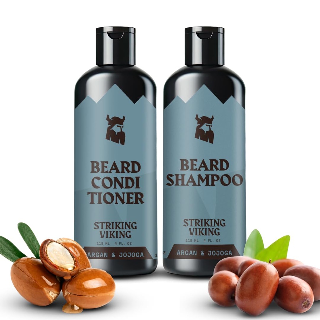 Striking Viking Beard Shampoo og Conditioner Set - 4 Fl Oz Hver, Frisk Maskulin Duft - Beard Wash og Conditioner til mænd - Cleanses & Softens, med Argan & Jojoba Oil - Sulfate & Paraben Free