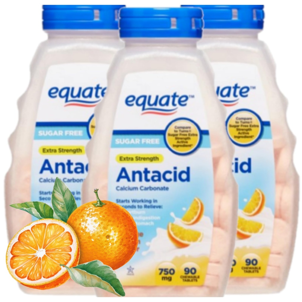 Antacida Tablets Sugar Free Extra Strength, Orange Creme, Calcium Carbonat 750 mg, 90 Greve Hver (pakke med 3)