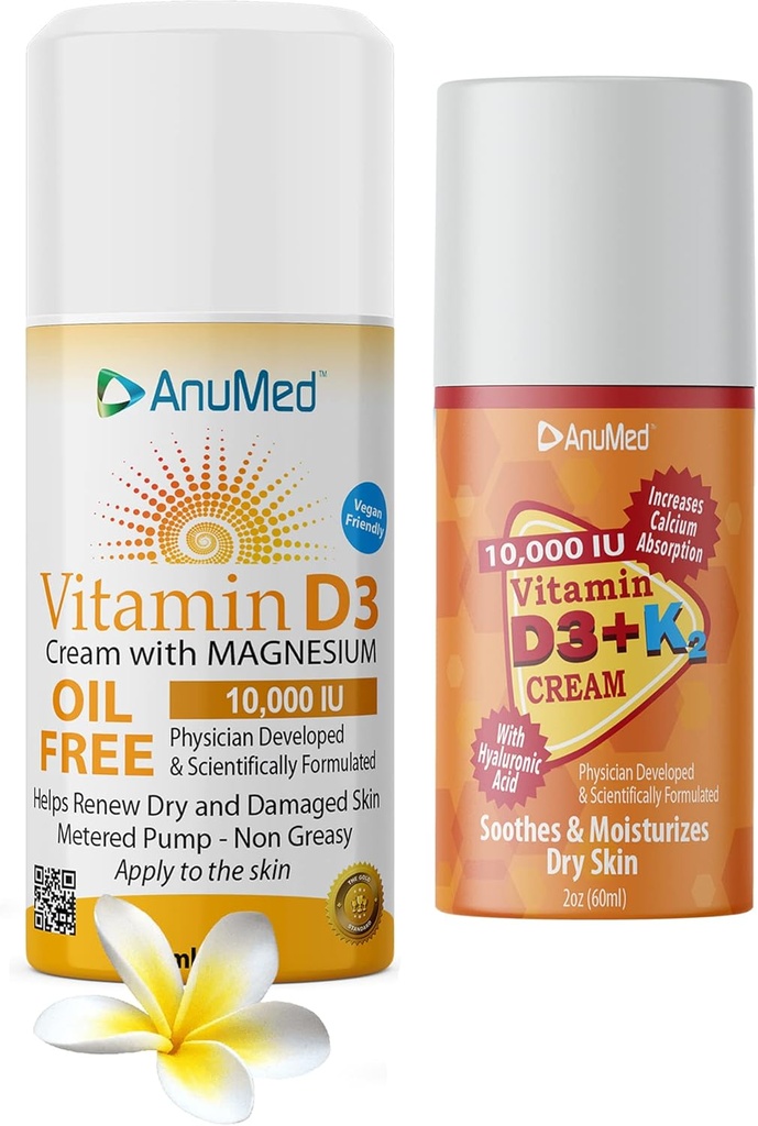 ANUMED Bundle Natural Cream with Vitamin (D3 10,000 IU Oil-Free) + (D3 with K2 10,000 IU Travel Size 2oz) Powerful Ingredients with Hyaluronic Acid, Magnesium, Vitamin E, Zinc, Vitamin B3. Non-GMO