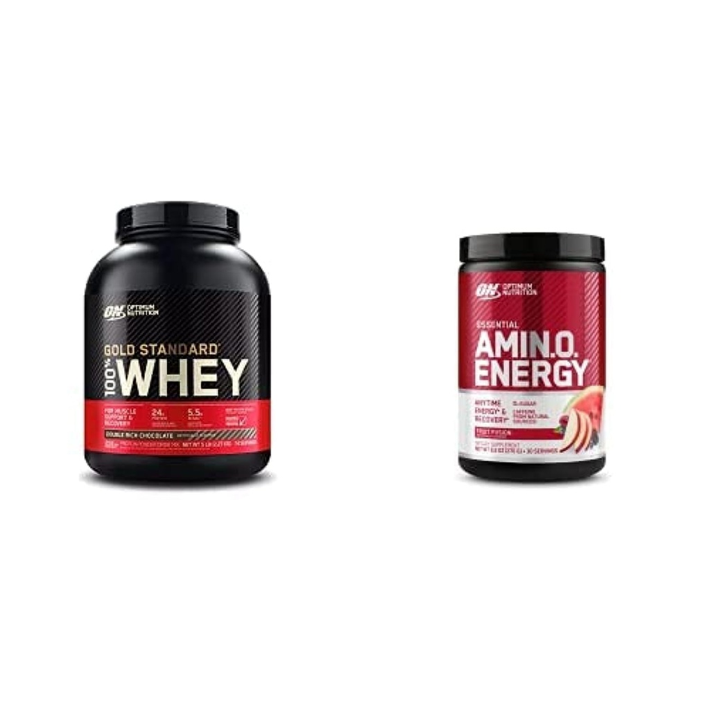 ON Gold Standard 100% Whey Protein Primary Source Isolate - Double Rich Chocolate 74 Serveringer + ON Amino Energy - BCAA, Aminosyrer, Keto Friendly, Green Coffee Extract- Fruit Fusion, 30 Serveringer