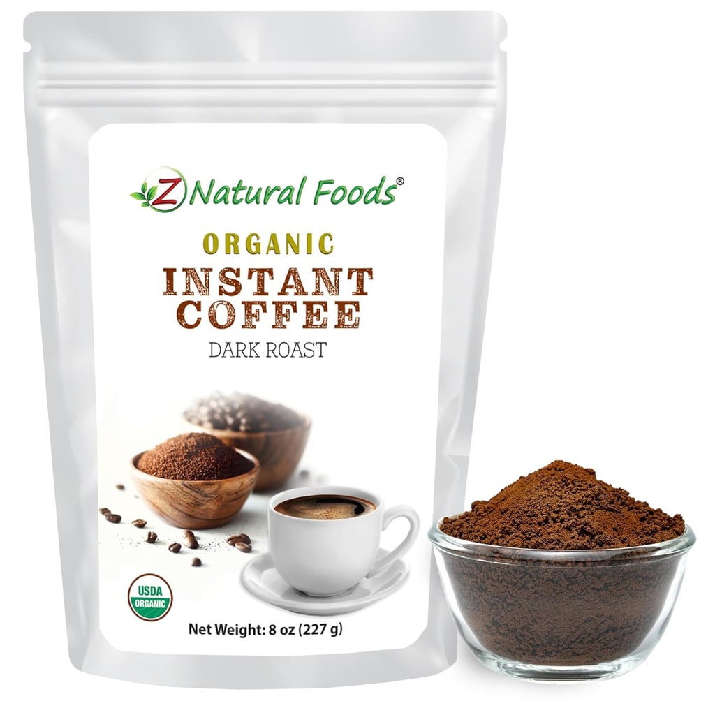 Z Natural Foods Organic Instant Coffee Powder - Rich Dark Roast Flavor, Arabica Instant Espresso Powder med antioxidanter til Boost Energy, Mood & Focus - Gourmet kaffe i resealable Bag, 8 oz