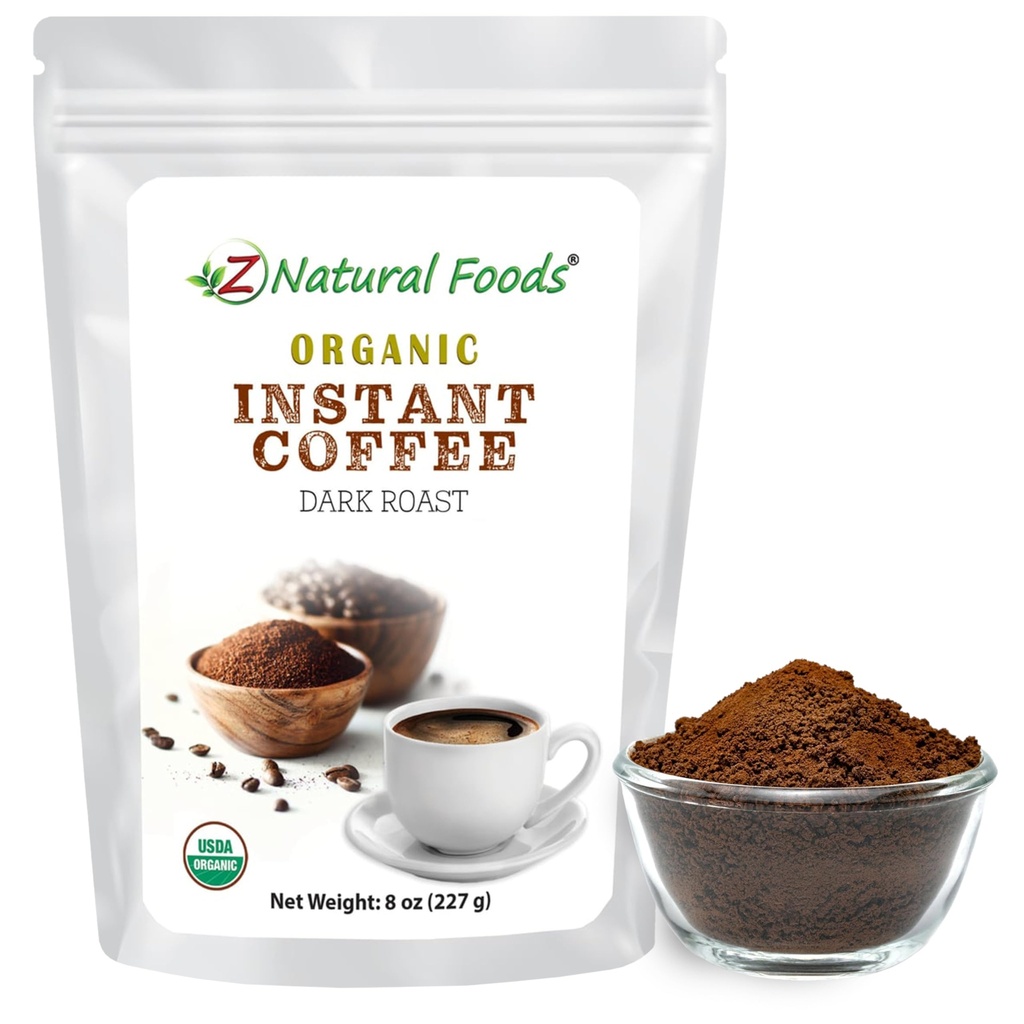 Z Natural Foods Organic Instant Coffee Powder - Rich Dark Roast Flavor, Arabica Instant Espresso Powder med antioxidanter til Boost Energy, Mood & Focus - Gourmet kaffe i resealable Bag, 8 oz